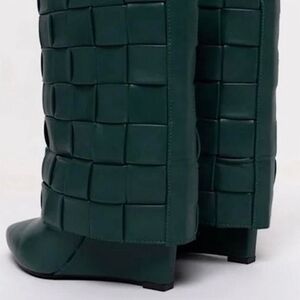 Woven Leather Knee-High Block Heel Boots in Dark Green